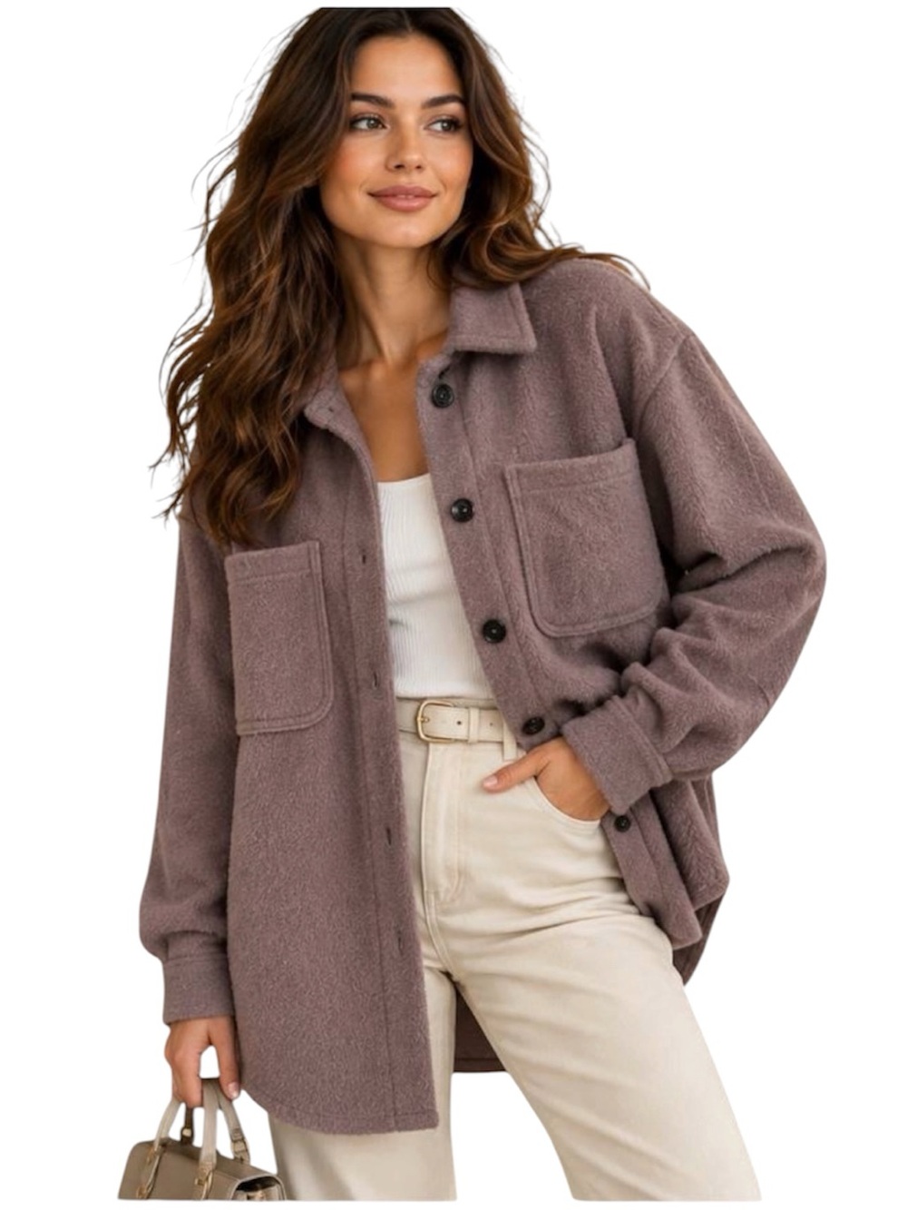 Maurices Cozy Polar Fleece Button-Up Shacket Jacket Mauve Purple NWT Size L
